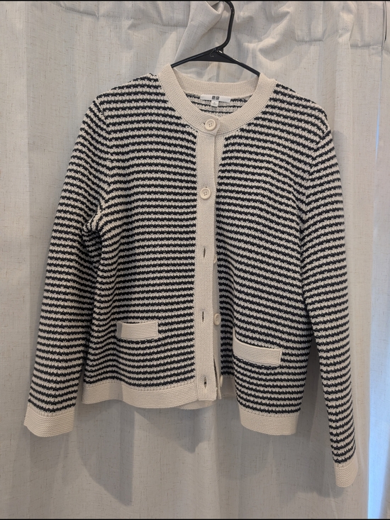 Uniqlo Sweaters - Uniqlo Black and Cream Striped Button Cardigan